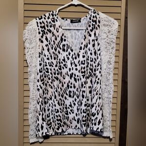 ChicMe Women's Leopard Print Blouse with Lace Sleeves